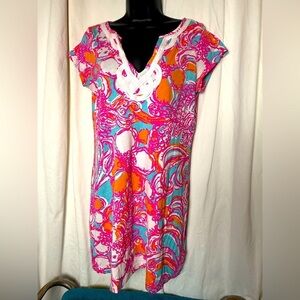 Lilly Pulitzer Dress Joan Tunic Floral V-Neck Midi 100% Pima Cotton SZ M